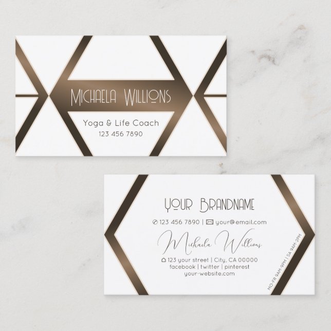 Stylish White Geometric Coffee Brown Shimmer Style Business Card (Front/Back)