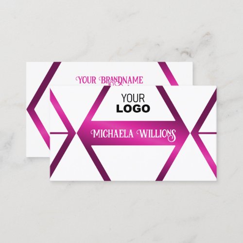 Stylish White Geometric Shimmery Pink with Logo Business Card