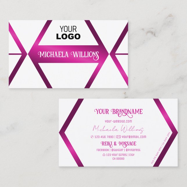 Stylish White Geometric Shimmery Pink with Logo Business Card (Front/Back)
