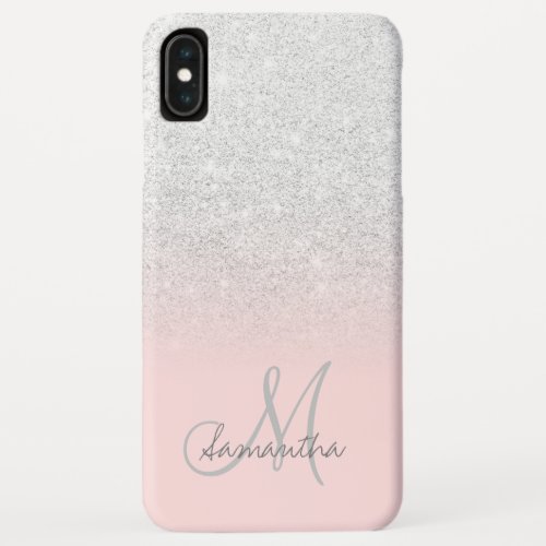 Stylish white glitter ombre blush block monogram iPhone XS max case