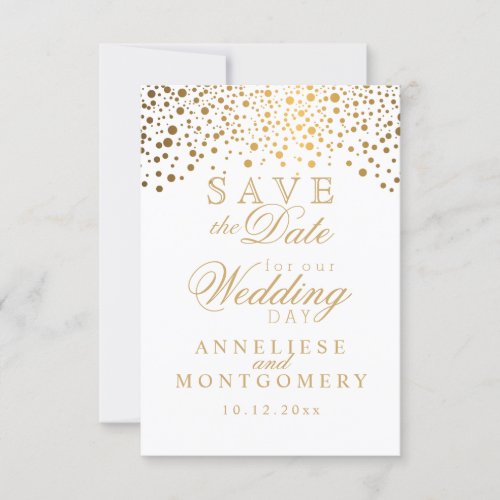 Stylish White  Gold Confetti Dots Save the Date