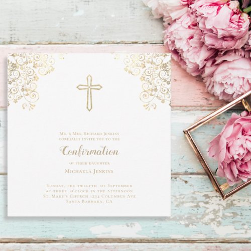 Stylish White Gold Cross Bible Verse  Confirmation Invitation