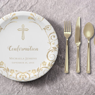 Stylish White Gold Cross Confirmation Paper Plates