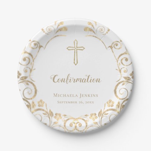 Stylish White Gold Cross Confirmation  Paper Plates