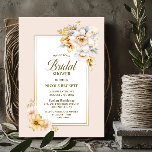 Stylish White Gold Floral Bridal Shower Invitation