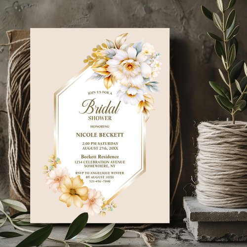 Stylish White Gold Floral Geometric Bridal Shower Invitation