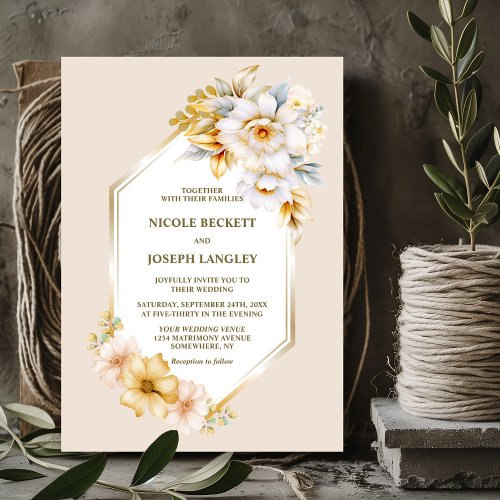 Stylish White Gold Floral Geometric Wedding Invitation