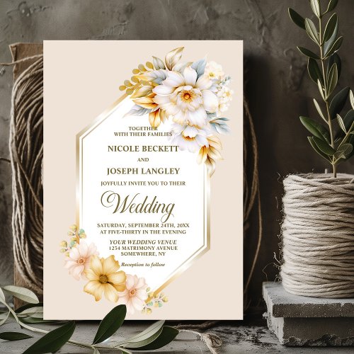 Stylish White Gold Floral Geometric Wedding Invitation