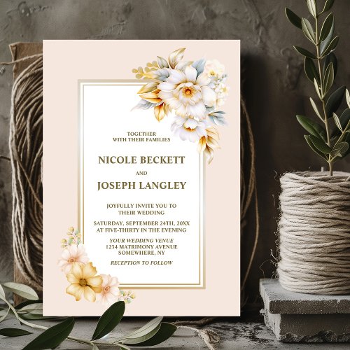 Stylish White Gold Floral Wedding Invitation