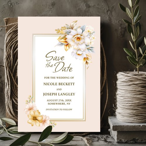 Stylish White Gold Floral Wedding Save the Date 