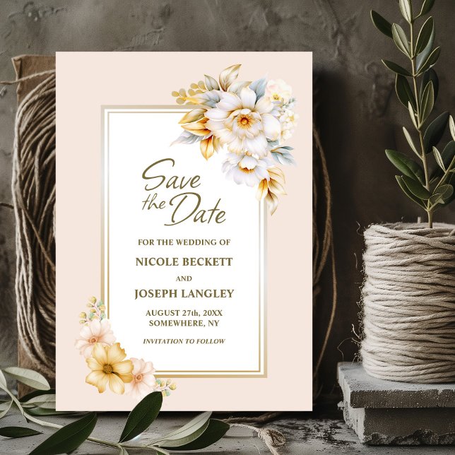 Stylish White Gold Floral Wedding Save the Date  (Creator Uploaded)