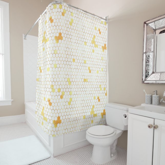 Stylish White Gold Honeycomb Shower Curtain (In Situ)