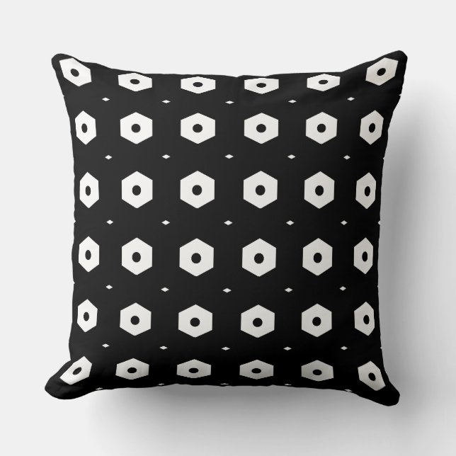 Stylish White Hexagon on Black Throw Pillow (Front)