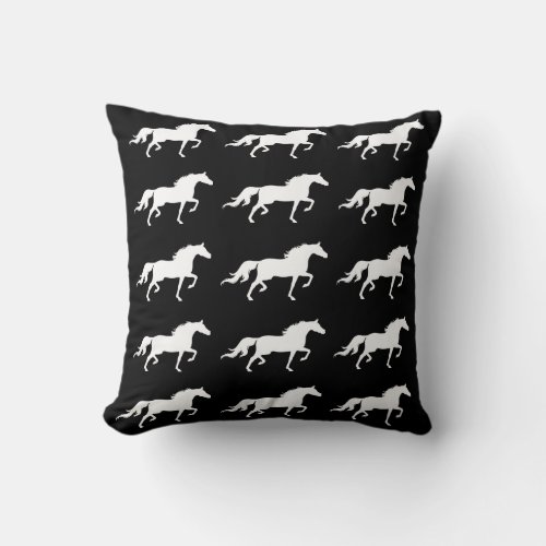 Stylish  white horse silhouettes on black throw pillow