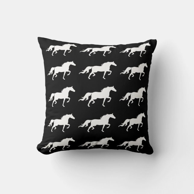 Stylish  white horse silhouettes on black throw pillow (Front)