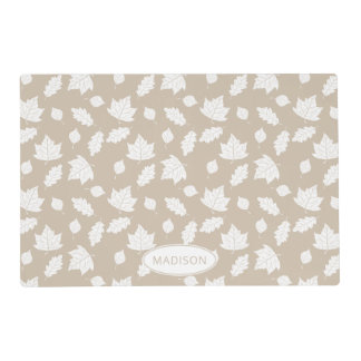 Stylish White Leaves Pattern On Beige &amp; Name Placemat