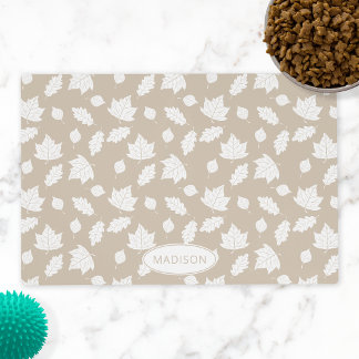 Stylish White Leaves Pattern On Beige & Name Placemat