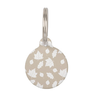 Stylish White Leaves Pattern On Beige & Pet's Info Pet ID Tag