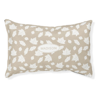 Stylish White Leaves Pattern On Beige & Pet's Name Pet Bed