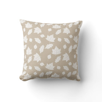 Stylish White Leaves Pattern On Beige Throw Pillow