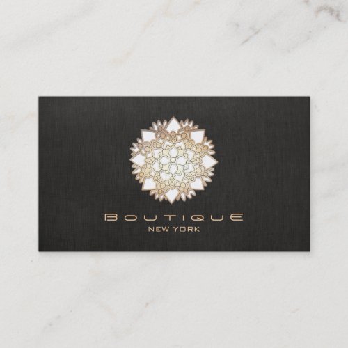 Chic Boutique White Lotus Flower Faux  Black Linen Business Card Template