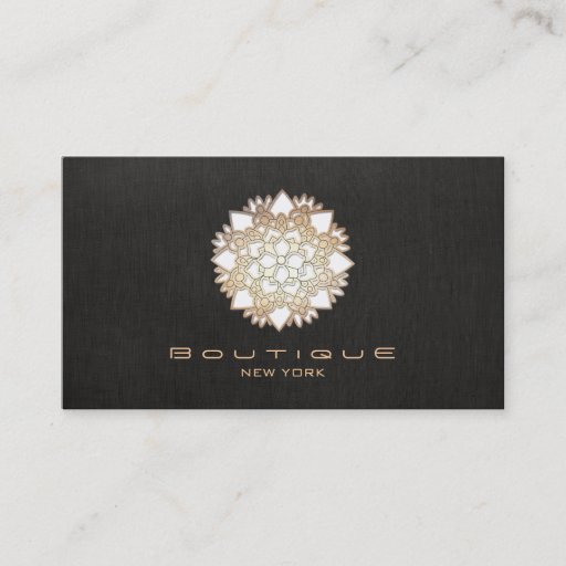 Customizable Chic Boutique White Lotus Flower Faux  Black Linen Business Card Template