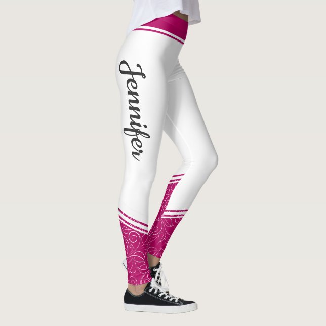Stylish white magenta floral white stripes & name leggings (Right)