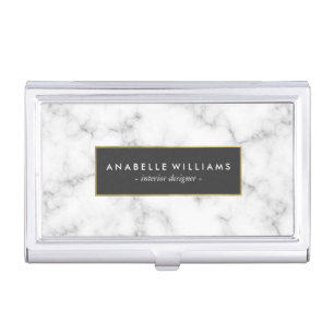 Stylish White Marble and Faux Gold Foil Business Card Holder