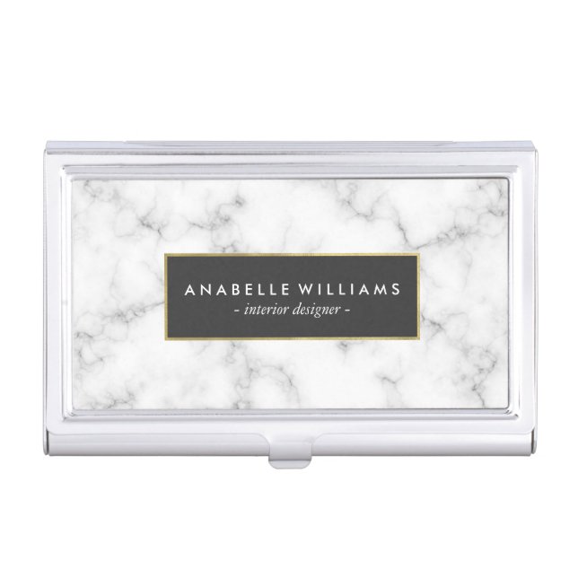 Stylish White Marble and Faux Gold Foil Business Card Holder (Front)