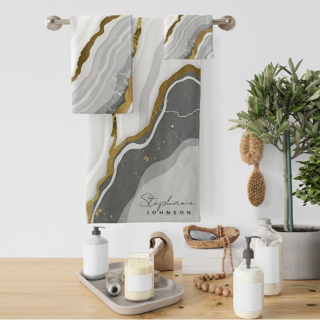 Stylish White Marble gray Agate Gold Glitter  Bath Towel Set (Stylish White Marble gray Agate Gold Glitter Bath Towel Set)