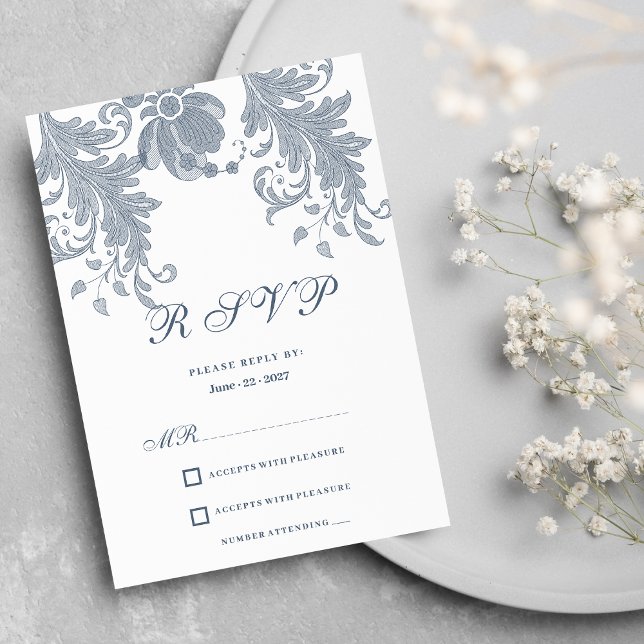 Stylish white mauve blue floral lace RSVP  Invitation (Stylish white mauve blue floral lace RSVP)