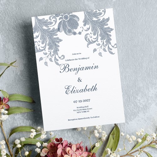 Stylish white mauve blue floral lace Wedding  Invitation