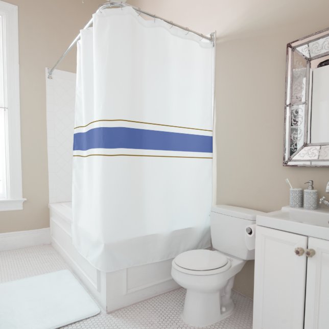 Stylish White Medium Blue Brown Racing Stripes Shower Curtain (In Situ)