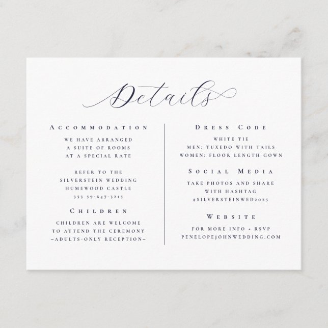 Stylish White Minimalist Script Wedding Details Enclosure Card (Front)