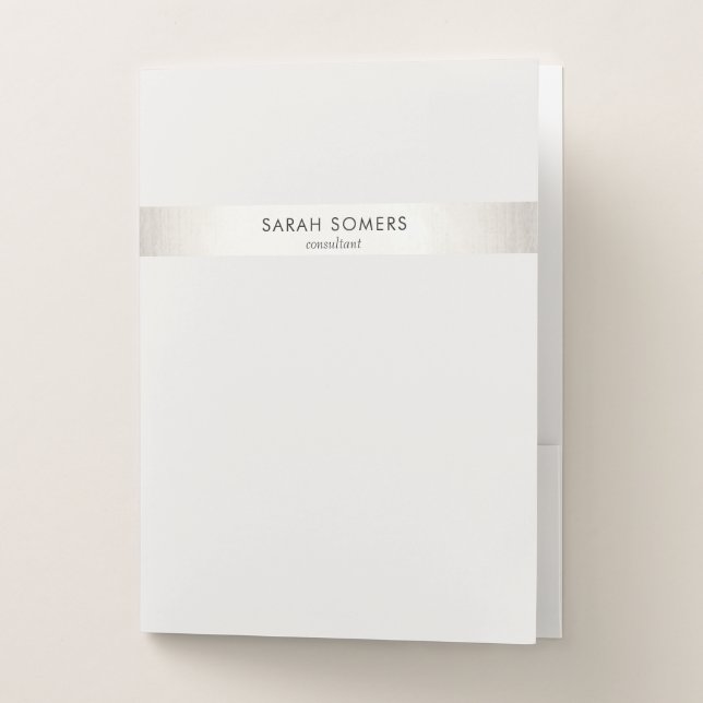 Stylish White Modern  Silver Stripe Professional Pocket Folder (Front)