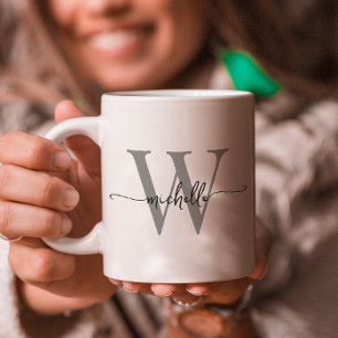 Stylish White Monogram Name Calligraphy Script Coffee Mug