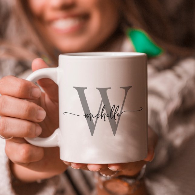 Stylish White Monogram Name Calligraphy Script Coffee Mug (Creator Uploaded)