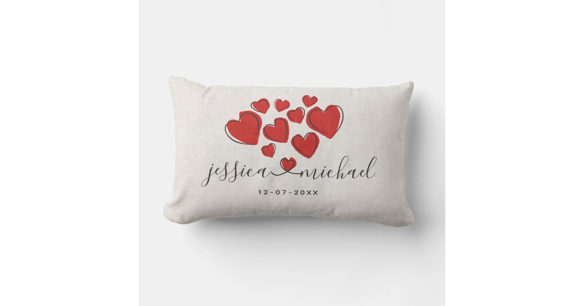 Stylish White Newlyweds Names with Hearts Wedding Lumbar Pillow | Zazzle