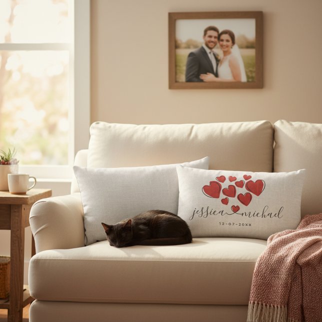 Stylish White Newlyweds Names with Hearts Wedding Lumbar Pillow (Romantic wedding lumbar pillow with custom couple's names and wedding date.)