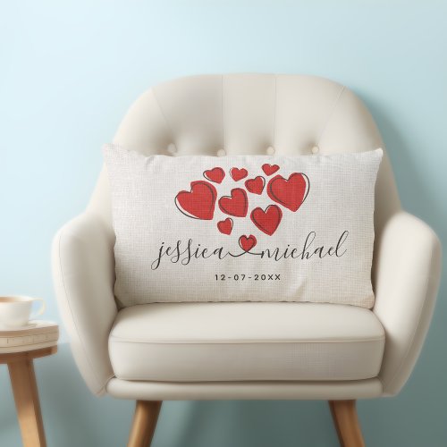 Stylish White Newlyweds Names with Hearts Wedding Lumbar Pillow