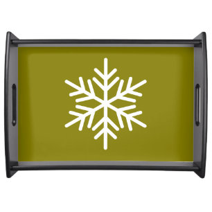 Stylish White Nordic Snowflake On Golden Olive Serving Tray