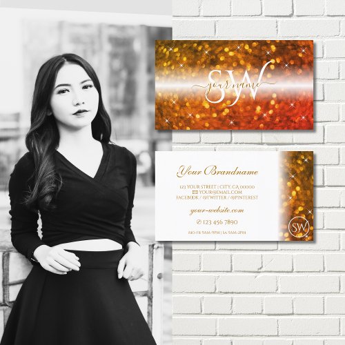 Stylish White Orange Sparkling Glitter Initials Business Card