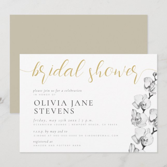 Stylish White Orchid Calligraphy Bridal Shower Invitation (Front/Back)
