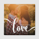 Stylish White Overlay | Love with Photo Magnet<br><div class="desc">This stylish and fun design features the word "love" in modern and whimsical white text,  with room for your names. Your favorite photo fills the background.</div>