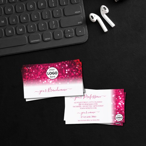 Stylish White Pink Sparkling Glitter Add Logo Chic Business Card
