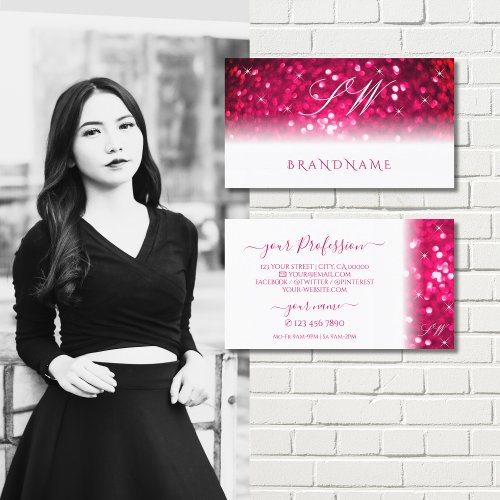 Stylish White Pink Sparkling Glitter Initials Chic Business Card