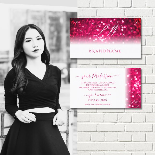 Stylish White Pink Sparkling Glitter Initials Chic Business Card (Creator Uploaded)