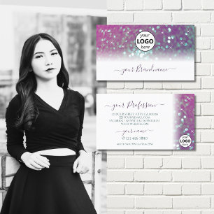 Stylish White Pink Teal Sparkling Glitter Add Logo Business Card