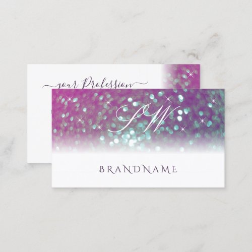 Stylish White Pink Teal Sparkling Glitter Initials Business Card
