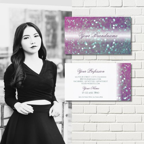 Stylish White Pink Teal Sparkling Glitter Modern Business Card